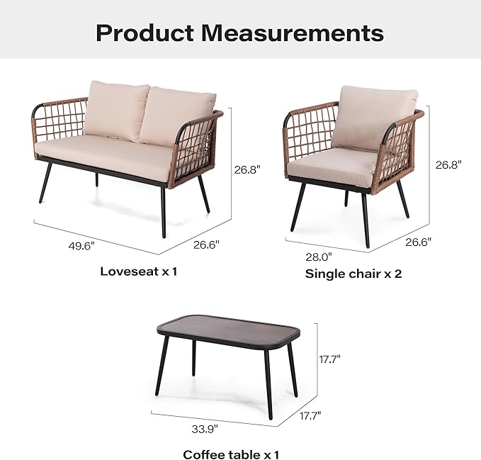 LAUSAINT HOME 4 Pieces Outdoor Patio Furniture Set, Rattan Balcony Furniture with Coffee Table, Patio Conversation Set with Soft Cushions for Patio, Porch, Balcony and Backyard
