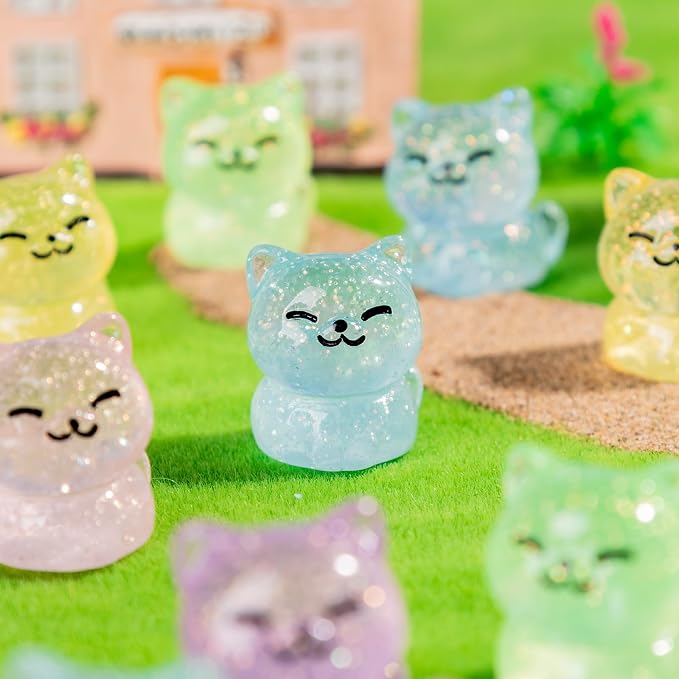 36 PCS Glitter Mini Resin Cat Figurines, Assorted Tiny Kitten Miniature Dollhouse Accessories, Bulk Cute Animal Ornaments for Micro Fairy Garden DIY Craft Aquarium Decor