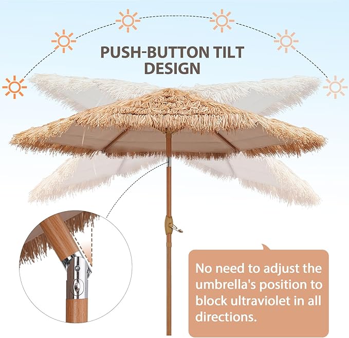 GDY 7.5ft Tiki Patio Umbrella and Base, Outdoor Table Umbrella with Crank, Market Umbrellas for Garden, Beach, Deck, Backyard & Pool
