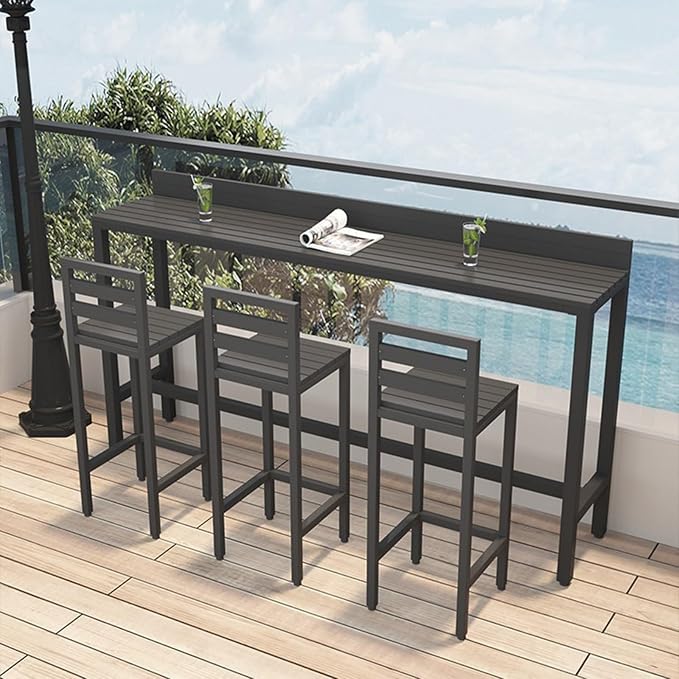 Outdoor Bar Table, Patio Pub Height Table with Anti-Fall Baffle, All-Weather Bar Height Counter Table, Narrow Dining Table for Hot Tub, Garden & Backyard(Color:Black+Black,Size:L-62.9in)