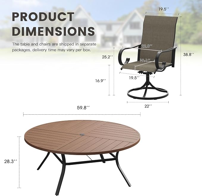 9 Pieces Patio Dining Set, 8 Outdoor Swivel Dining Chairs with 60.1" Round Metal Outdoor Dining Table with Umbrella Hole for Garden Backyard Deck, Mixed Brown & Walnut