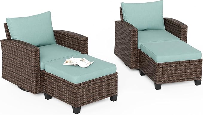 4 Pieces Swivel Wicker Patio Furniture Set, Rattan Outdoor Conversation Set with 2 Pieces Swivel Glider Chairs, 2 Pieces Ottomans, Blue