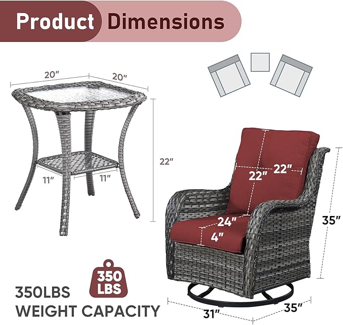 Outdoor Swivel Rocker Patio Chairs with Side Table 3 Pieces PE Wicker Patio Furniture Set for Porch Deck Balcony Garden-Grey/Red