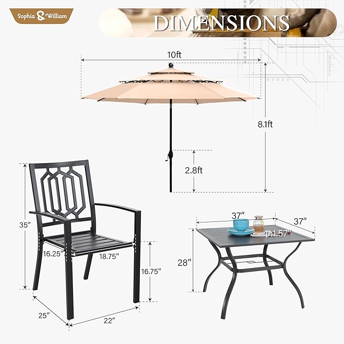 Sophia & William Patio Dining Set for 4 with 10ft 3 Tier Auto-tilt Umbrella, Outdoor Table Furniture Set with 4 x Metal Outdoor Chairs, 1 x Metal Square Dining Table and 1 Beige Patio Umbrella