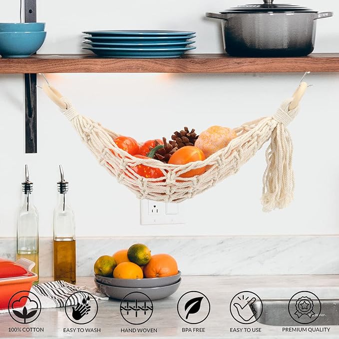 Hanging Fruit Hammock Under Cabinet Hanging Basket Includes Hooks - Macrame Bohemian Hanging Banana Vegetable Hammocks Kitchen Storage Counter Space Saving Decoration at Home, Boat or Rv (Style A & B)