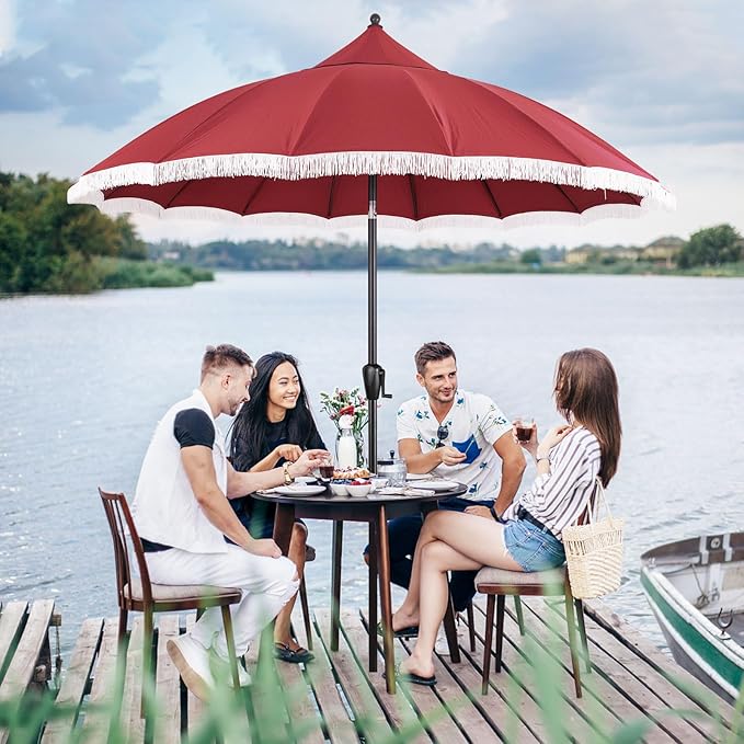 9' Patio Umbrella with Burgundy Canopy and White Fringe Accents, Black Frame Market Umbrella for Patio, Deck, and Backyard by Sun-Ray