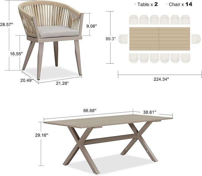 PURPLE LEAF 16 Pieces Outdoor Dining Set with Patio Aluminium Rectangular Dining Table and Wicker Chairs Modern Furniture Cushions Sets for Backyard Indoor Decor Kitchen Champagne