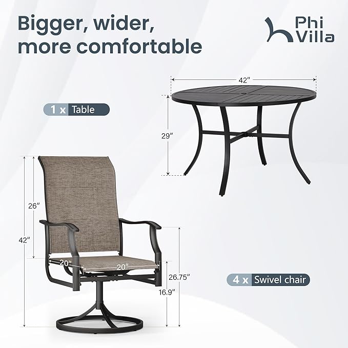 PHI VILLA 5 Piece Patio Dining Set, 4 Outdoor Swivel Dining Chairs and Large Round Dining Table(1.57’’ Umbrella Hole), All Weather Table and High Back Chairs for Outdoor Lawn Garden
