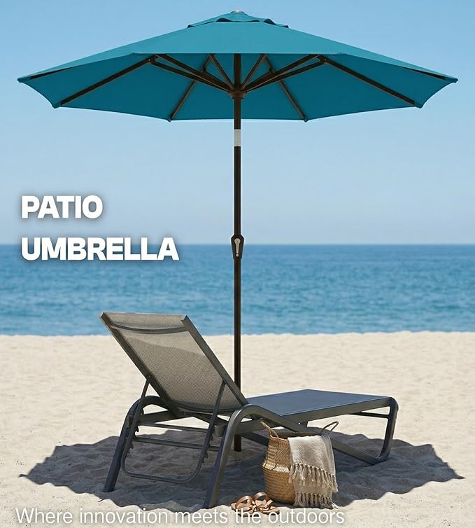 PatioKingdom Auto-Tilt 9FT Patio Umbrella Outdoor with 8 Sturdy Fiberglass Ribs,Market Table Umbrella for Pool,Backyard,Deck and Garden