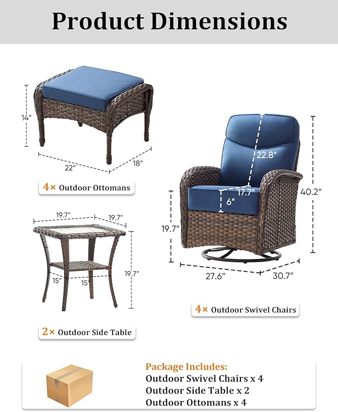 10-Piece Luxury Patio Furniture Set with 6-Inch Thick Cushions, High-Back Outdoor 4 Swivel Rocking Chairs with Wicker Side Table, All-Weather Conversation Set for Porch, Deck, Yard or Poolside – Blue