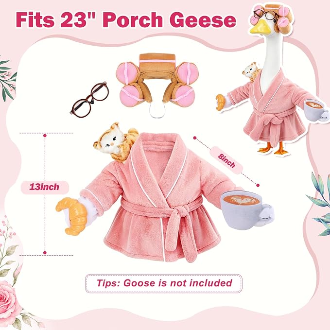 GJL Lady Porch Goose Outfits Bathrobe for 23 Inch Plastic Cement Lawn Goose Statue,Porch Goose Robe Costume with Curlers Glasses Coffee Cup Bread Cute Cat for Spring Summer Yard Garden Patio Decor