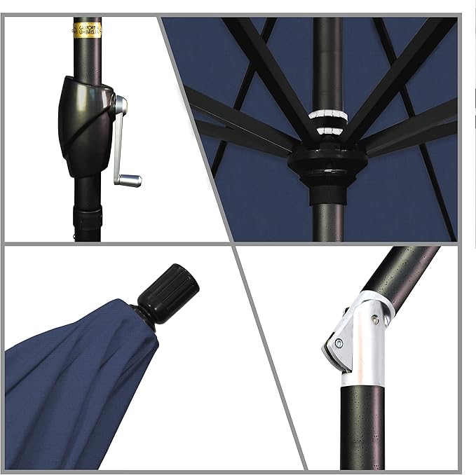 California Umbrella GSPT908302-48080 9' Round Aluminum Market, Crank Lift, Push Button Tilt, Black Pole, Sunbrella Spectrum Indigo