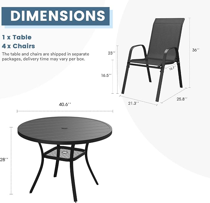 DIFY 5 Piece Outdoor Dining Set, 40" Black Round Metal Patio Table and Dark Grey Textilene Stackable Chairs for 4, All Weather Patio Furniture Set with Umbrella Hole for Backyard Garden Deck