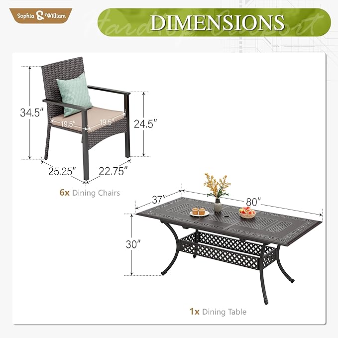 Sophia & William 7 Pieces Expandable Outdoor Dining Set for 6 People, Extendable Rectangular Cast Aluminum Patio Table and 8 Rattan Chairs Set, All Weather Patio Dining Set with 2.1?Umbrella Hole