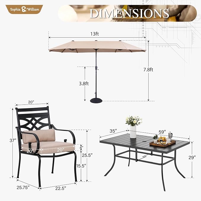 Sophia & William Patio Dining Set, Steel, Beige | E-Coated, Cushions Included, For Patio, Garden and Yard