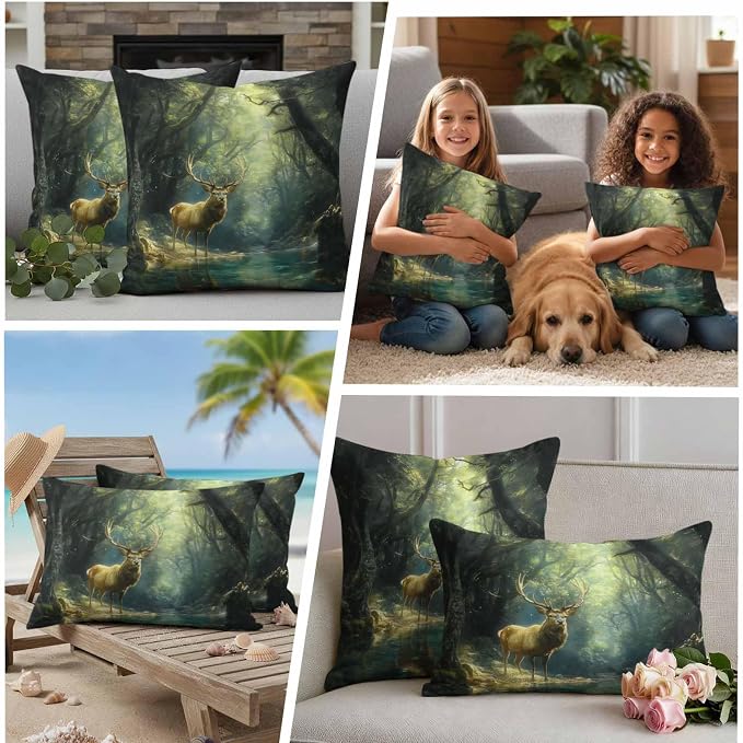 Green Forest Deer Waterproof Outdoor Pillow Covers Set of 2 Home Decor, Fantasy Vintage Nature Scenery Pillowcase Patio Pillow Covers for Couch Bench Furniture Garden 16x16in