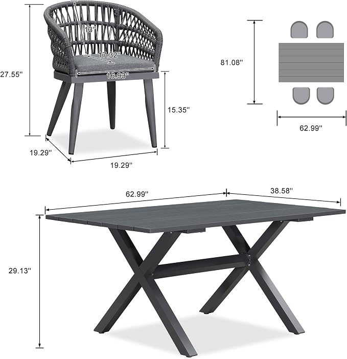 PURPLE LEAF 5 Pieces Outdoor Dining Set All-Weather PE Rattan Outdoor Patio Furniture Set with All Aluminum Frame Rectangular Table and Chairs Set for Lawn Garden Backyard Deck, Grey