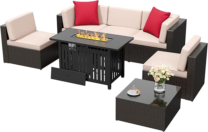 Flamaker 7 Pieces Patio Furniture Set with Fire Pit Table Outdoor Sectional Patio Sofa Furniture Set with Gas Fire Pit and Coffee Table & Ottoman Cushion Pillows, Beige