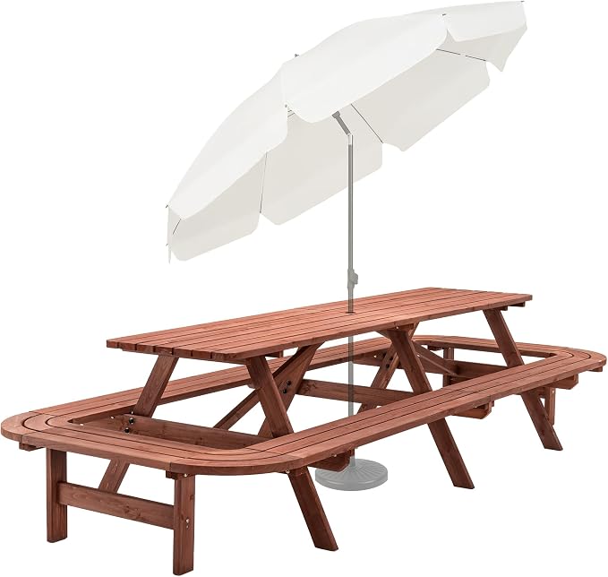 16 Person Wood Picnic Table with Attached Benches & Umbrella Hole,Rectangle Brown Outdoor Wooden Dining Table & Chairs for Patio Yard Garden Porch Deck