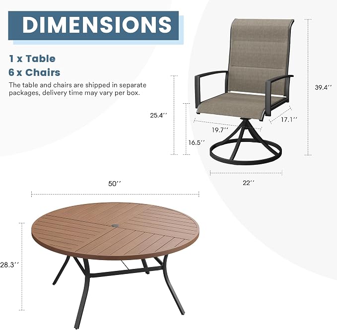 DIFY 7 Piece Outdoor Dining Set, Metal Patio Table and Chairs Set, 50" Walnut Round Dining Table & 6 Brown Padded Textilene Swivel Patio Chairs, Outdoor Furniture Set for Garden Backyard Porch