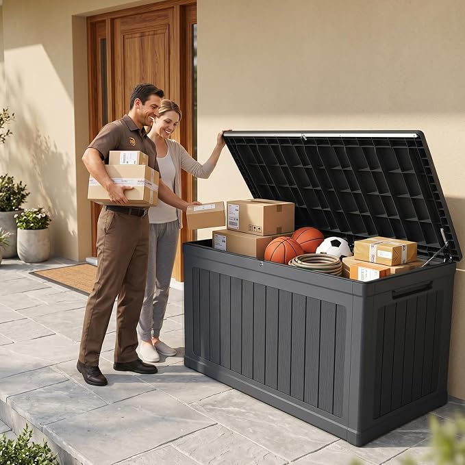 270 Gallon Deck Box, Extra Large Waterproof Outdoor Storage Box with Hydraulic Rod, Weatherproof Resin, Lockable Wood-grain Finish Container for Patio Furniture, Garden, Pool and Garage (Black)