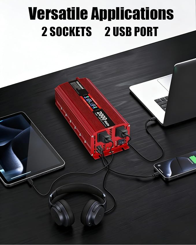 2000 watt Inverter 12V to 110V/120V, dc to ac Inverter 2000W Car Converter with Intelligent LCD Display Dual AC Outlets Dual USB Charging Port for RV Truck Laptop