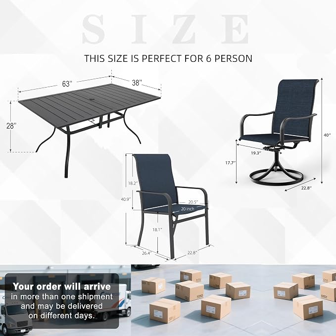 7 Piece Patio 63" Rectangle Table & NavyBlue HighBack Swivel,Dining Chairs | Metal Rectangle Table, 4 High Back Dining Chairs, 2 High Back Swivel Chairs, All Weather, For Tall People, For 6 Person