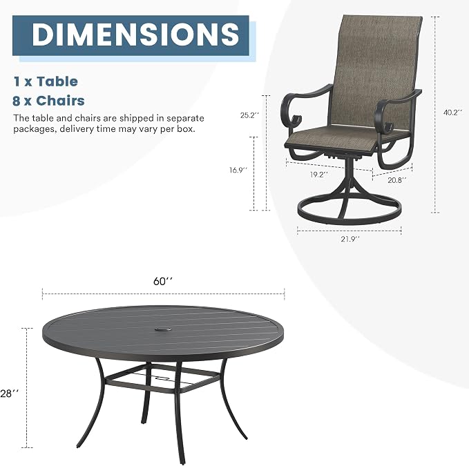 DIFY 9 Pieces Outdoor Dining Set for 8, Outdoor Furniture Set of 8 Brown Textilene Swivel Patio Chairs, 60" Black Round Metal Dining Table with Umbrella Hole, for Garden Deck Backyard