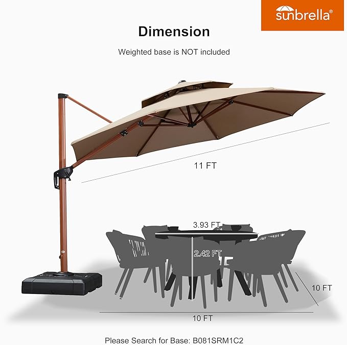 PURPLE LEAF 11 Feet Double Top Deluxe Wood Pattern Round Patio Umbrella Offset Hanging Umbrellas Cantilever Umbrella Outdoor Market Umbrellas Garden Umbrella, Heather Beige