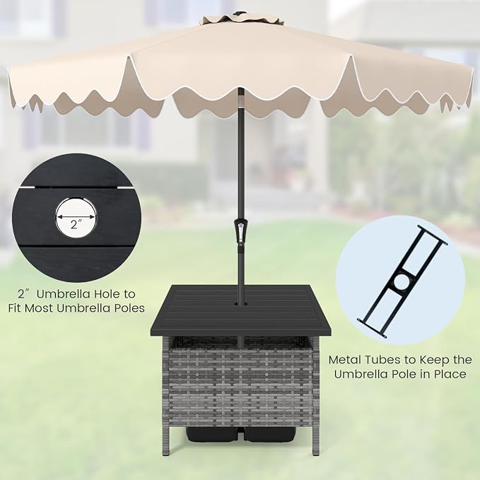 HAPPYGRILL Patio Umbrella Table Stand, Rattan Outdoor Side Table with Umbrella Hole, PE Wicker Frame, for Patio Garden Deck Poolside