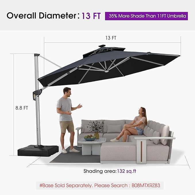 PURPLE LEAF 13ft Patio Umbrella with Lights Outdoor Round Large Cantilever Umbrella Solar Powered LED Windproof Offset Umbrella Heavy Duty for Garden Deck Pool Patio, Grey