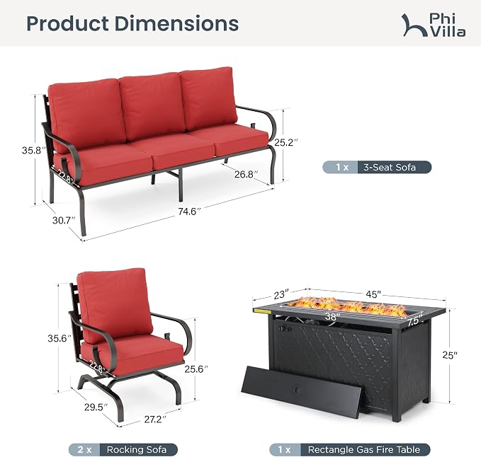 PHI VILLA Patio Furniture Set, 3-Seater Sofa, 2 Fixed Chairs and a 45" Fire Pit Table, Outdoor Metal Conversation Set with 5.75" Extra Thick Cushion for Garden Backyard Deck, Red