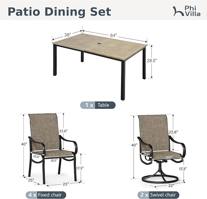 PHI VILLA Outdoor Dining Set for 6 Person, Wooden Texture Metal Table with Umbrella Holes and 2 Swivel & 4 Fixed Chairs All Weather Patio Table and Chairs for Deck Garden Yard