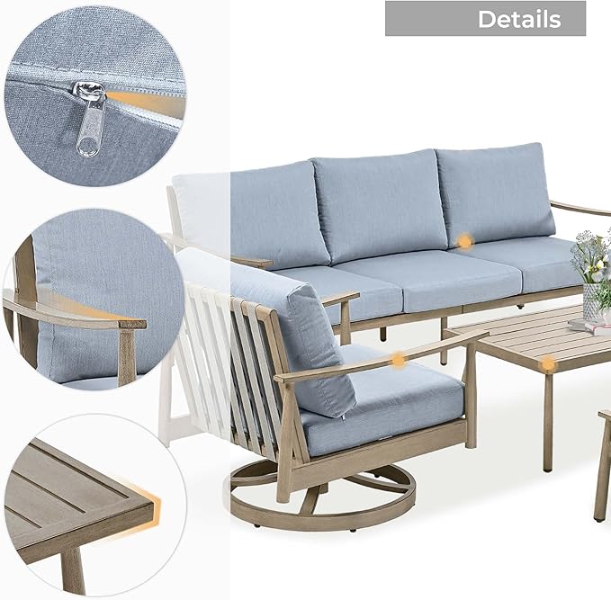 HAPPATIO Patio Outdoor Furniture Set - 6 Pieces Aluminum Outdoor Conversation Set with 1 Three-Seater Sofa, 1 Coffee Table, 2 Swivel Chairs, and 2 Ottomans for Yard, Porch, and Deck (Grey)