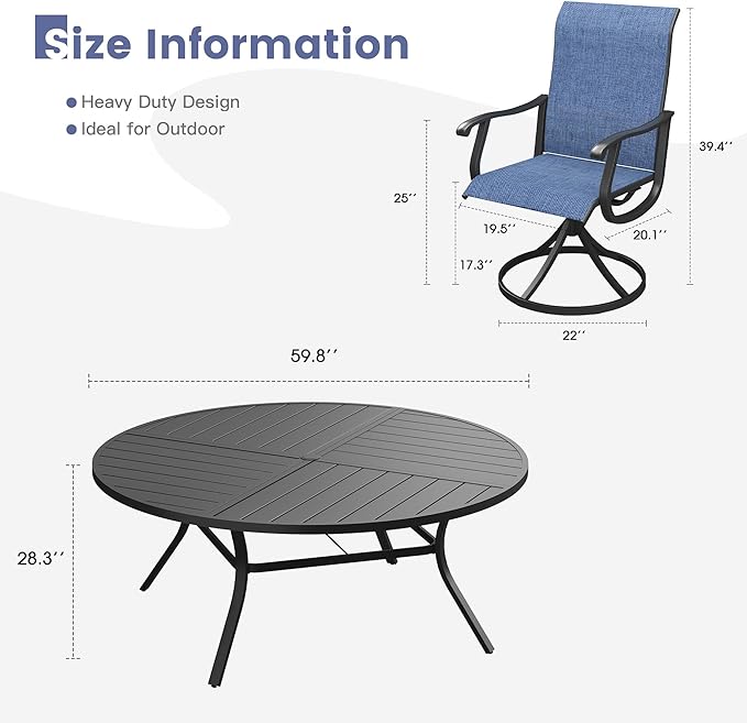 VICLLAX 9 Pieces Patio Dining Set, Patio Furniture Set of 8 Patio Swivel Dining Chairs and 60" Patio Spliced Round Tabletop, Navy Blue Chairs & Black Tabletop