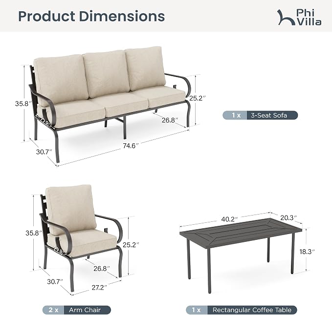 PHI VILLA Patio Furniture Set, 3-Seater Sofa, 2 Fixed Chairs and a Coffee Table, Outdoor Metal Conversation Set with 5.75" Extra Thick Cushion for Garden Backyard Deck, Beige