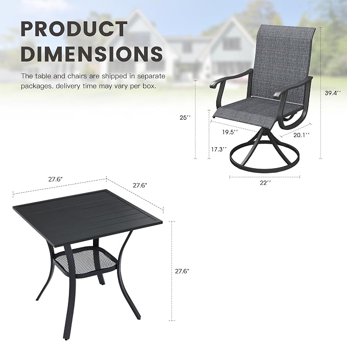 Outdoor Dining Set for 2, 28" Metal Square Outdoor Dining Table and Sling Patio Swivel Chairs, 3 Pieces Patio Table and Chairs Set for Garden Backyard, Charcoal and Black