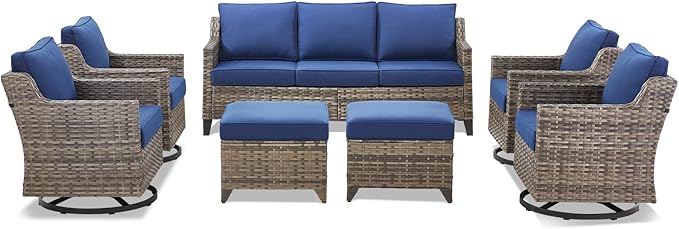 Outdoor Patio Furniture Set-7 Pieces All-Weather Wicker Outdoor Furniture with Swivel Patio Chairs Outdoor Patio Conversation Sets for Garden Porch Deck Grey/Blue