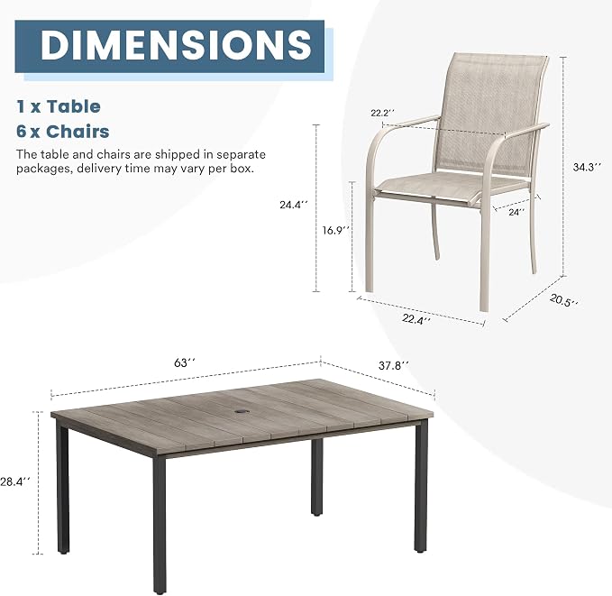 DIFY 7 Pieces Outdoor Patio Dining Set for 6, 63" Grey Wood-Like Rectangle Metal Dining Table and 6 Sandshell Stackable Sling Dining Chairs, Outdoor Table and Chairs for Lawn Garden Backyard Deck