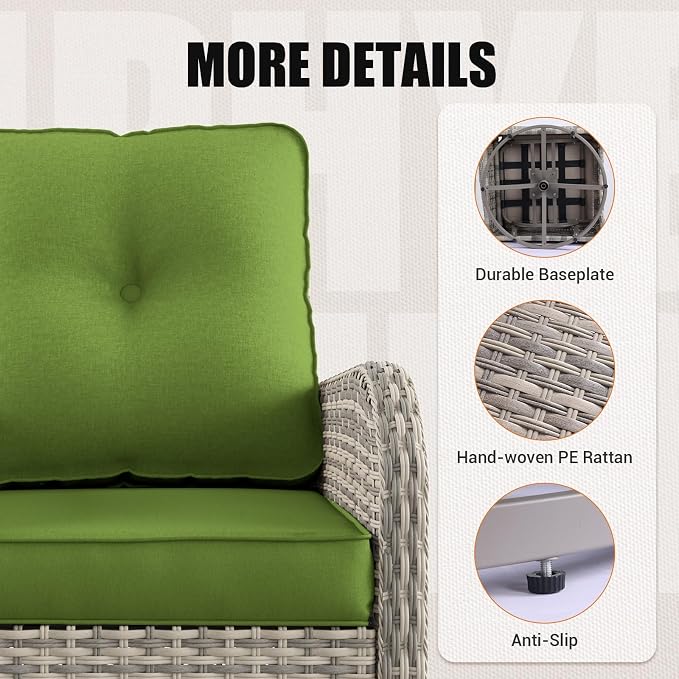 13-Piece Outdoor Patio Furniture Set with Rocking Swivel Chair, Wicker Rattan Sectional Sofa Conversation Set with 55,000 BTU Fire Pit Table with Ottomans, Backyard Furniture, Avocado Green