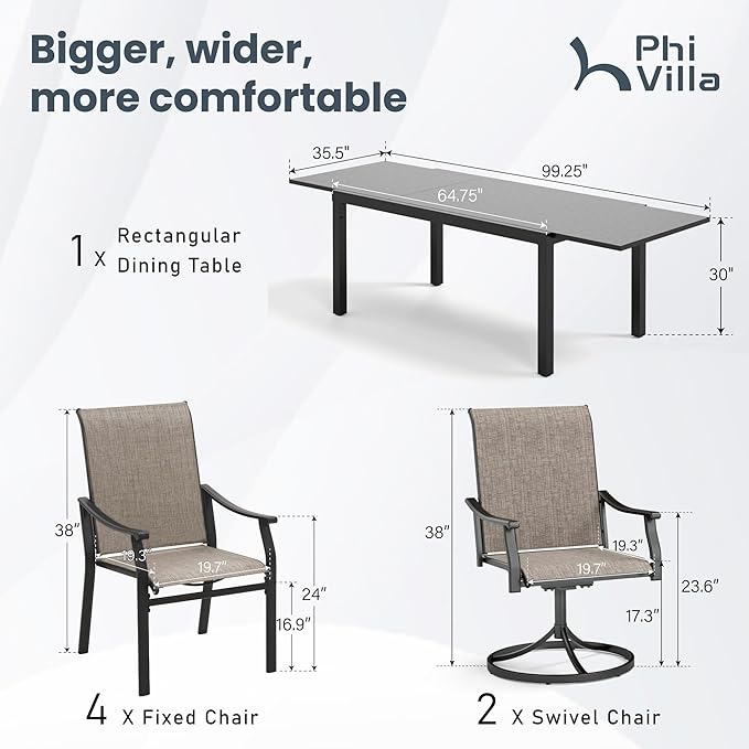 PHI VILLA Patio Dining Table and Chairs for 6, 2 Swivel & 4 Stable Patio Dining Chairs,Stable Exdentable Dining Table,Metal Frame and Textilene Quick-Dry Fabric,7 pcs Patio Furniture Set for Garden