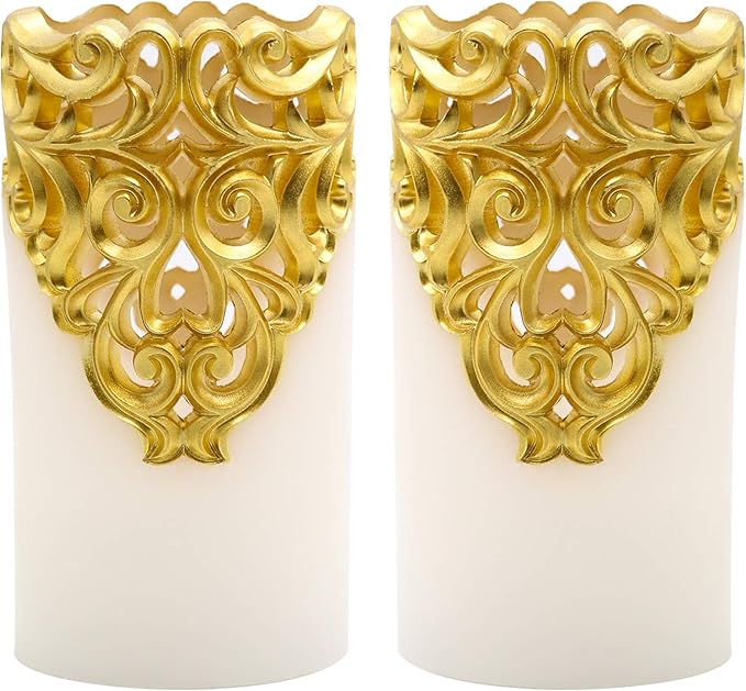 Eldnacele Flameless Christmas Gold Candles with 5H Timer, Flickering Real Wax Battery Operated Pillar Candles for Christmas Holiday Decoration Gold (D3 x H6)
