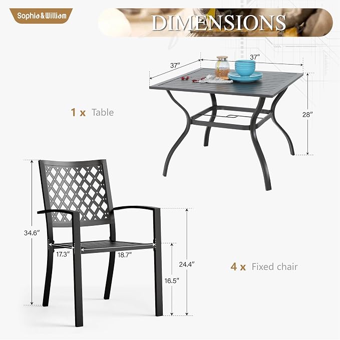 Sophia & William 5 PCS Patio Table and Chairs Set,37" Black Square Table | Stackable Chairs w/ Umbrella Hole,Weather-Resistant,E-Coated,Perfect For Patio,Garden and Yard