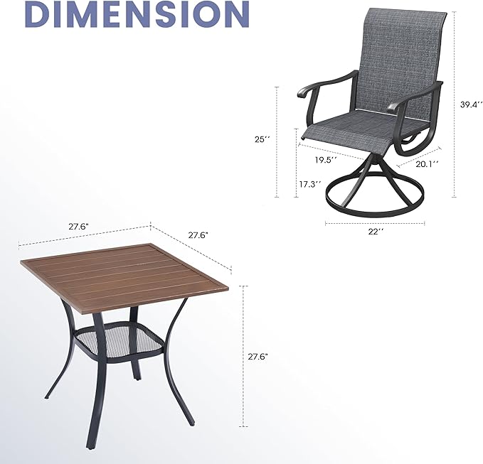 VICLLAX 3 Pieces Outdoor Dining Set, Patio Furniture Set of 2 Patio Swivel Dining Chairs and Small Dining Table with Storage Shelf, Dark Charcoal Chairs & Walnut Tabletop