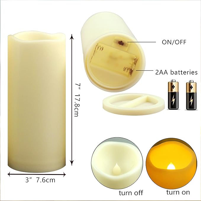 Waterproof Outdoor Battery Operated Flameless Candles with Auto Timer Flickering Plastic Resin Electric LED Pillar Lights for Lantern Patio Garden Wedding Party Decorations 3x7 Inches 2 Pack Ivory