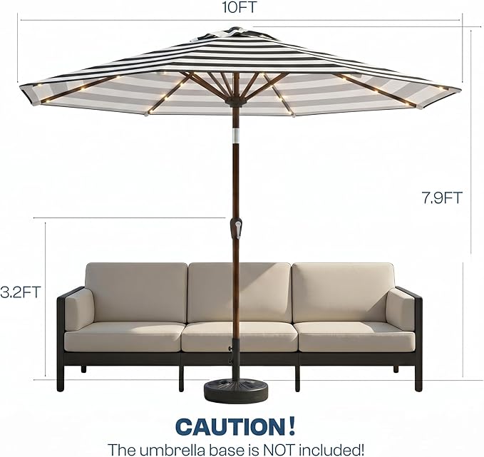 10FT Solar Patio Umbrella with Lights, Outdoor Table Market Umbrella with 32 LED Lights, 8 Sturdy Ribs, Push Button Tilt and Crank for Pool, Deck and Garden, UV-Resistant