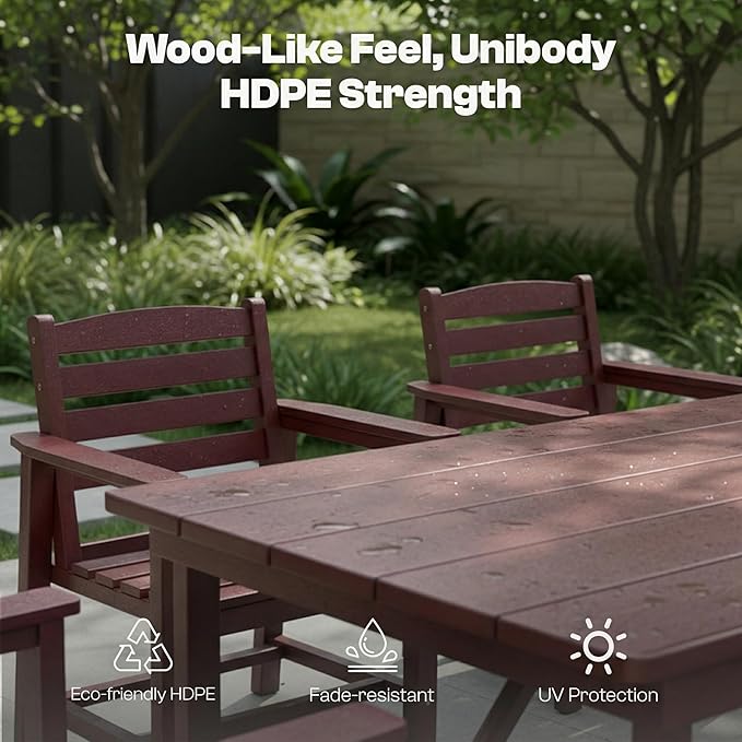 Outdoor HDPE Dining Set 5 Pieces, Patio Table with Umbrella Hole and 4 Chairs, All Weather Patio Furniture for Lawn, Garden, Backyard, Deck, Poolside, Outdoor Dining Table and Chairs, Coffee