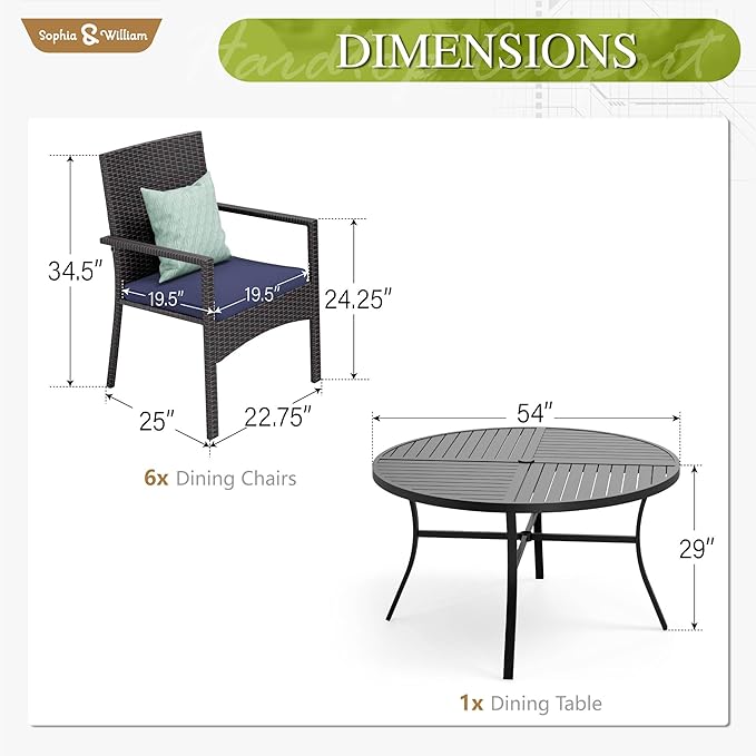 Sophia & William 7 Pieces Round Patio Dining Set for 6, Metal Patio Table and Rattan Chairs Set for Outside, All Weather Outdoor Dining Set with 1.6" - 2" Umbrella Hole