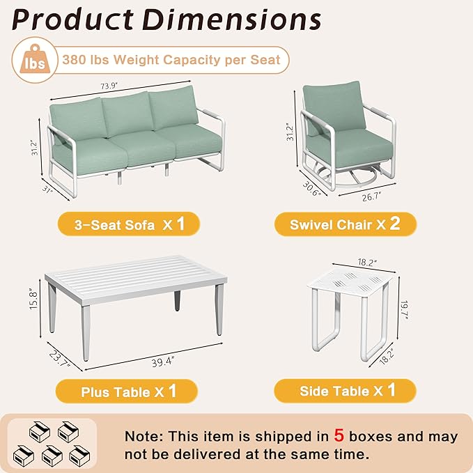5-Piece Outdoor Aluminum Patio Furniture Set, All-Weather Patio Conversation Set with 2 Swivel Rocking Chairs, 3-Seat Sofa & Rectangular Coffee Table for Pool, Garden, Balcony – White