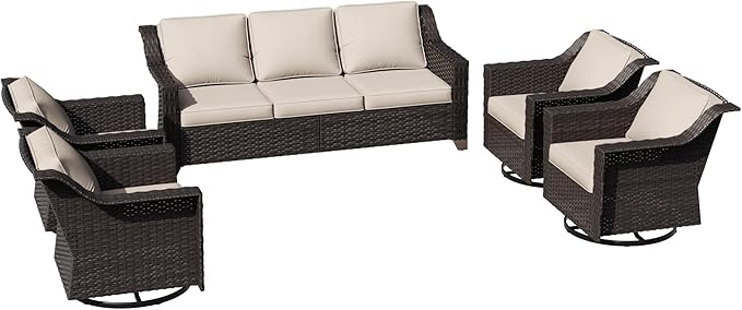 5 Pieces Patio Conversation Furniture Set - 1 Sofa, 4 Swivel Chairs, Outdoor Wicker Furniture with Removable Cushions for Porch, Balcony, Sunroom (Beige)